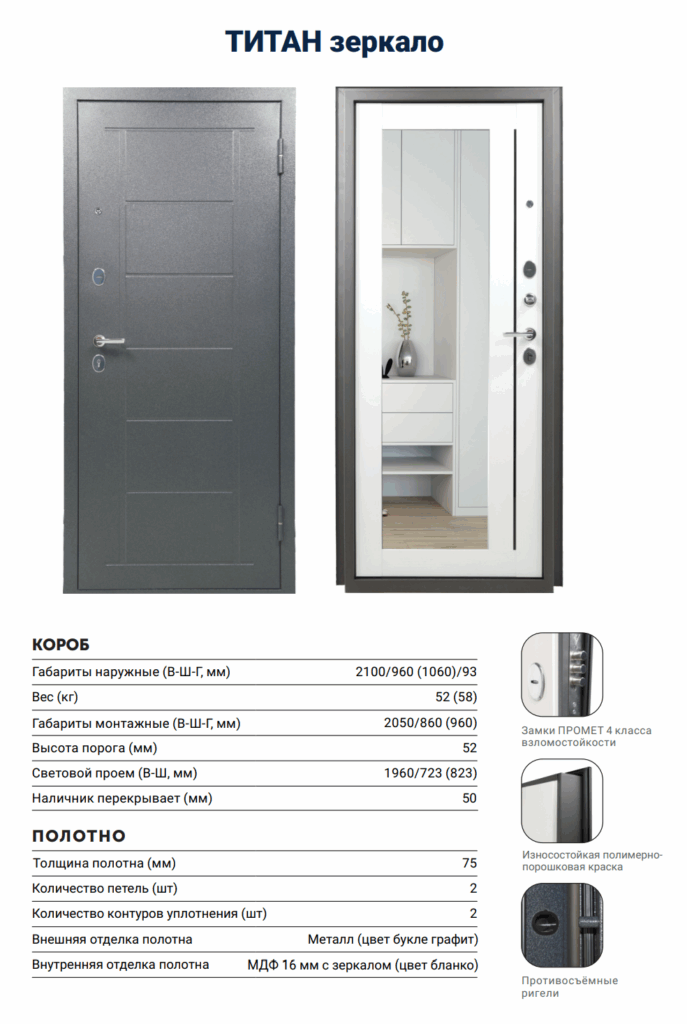 Дверь ТИТАН-2050/860/ R Зеркало Бел Дуб Графит — фото 6